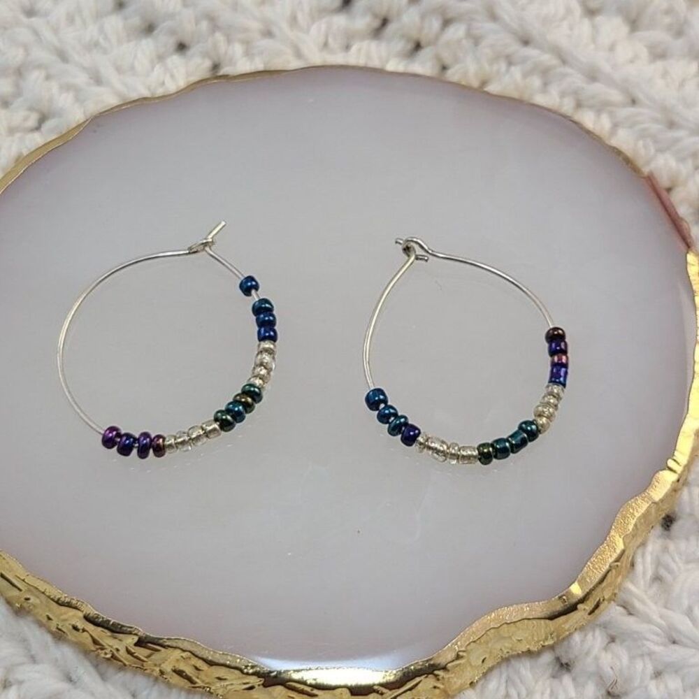 Beaded Hoop Earrings Silver Tone Multicolor Seed Bead Fashion Jewelry